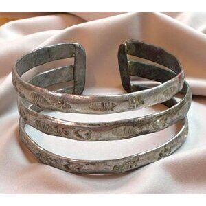 Vintage Heiroglyphics Fish Beach Handcrafted Silver Split Cuff Bracelet Hammered